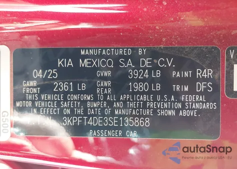 2025 Kia K4 Lxs z USA, uszkodzony, nr VIN 3KPFT4DE3SE135868